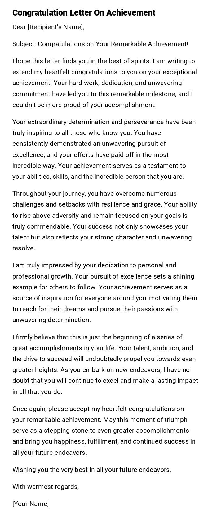 Congratulation Letter On Achievement