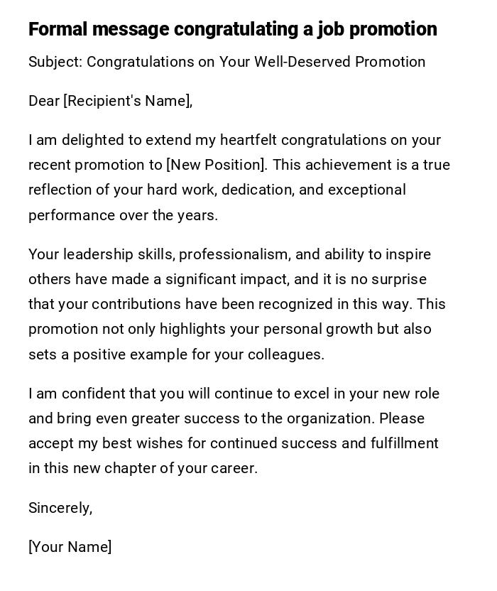 Formal message congratulating a job promotion