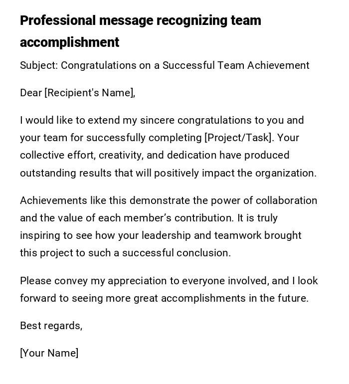 Professional message recognizing team accomplishment