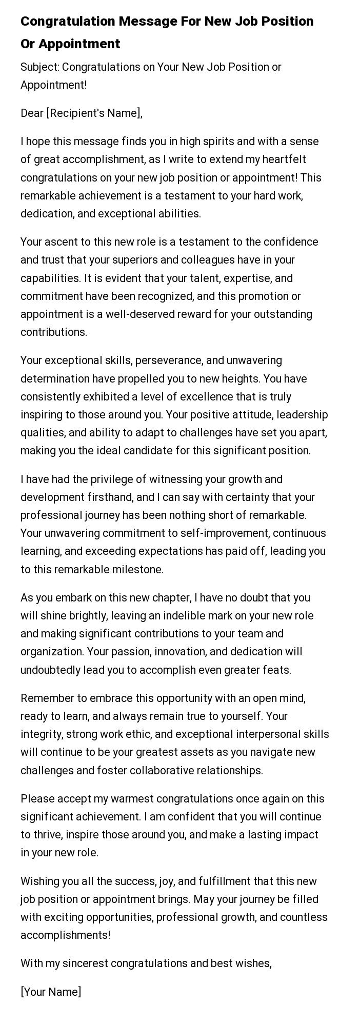 Congratulation Message For New Job Position Or Appointment