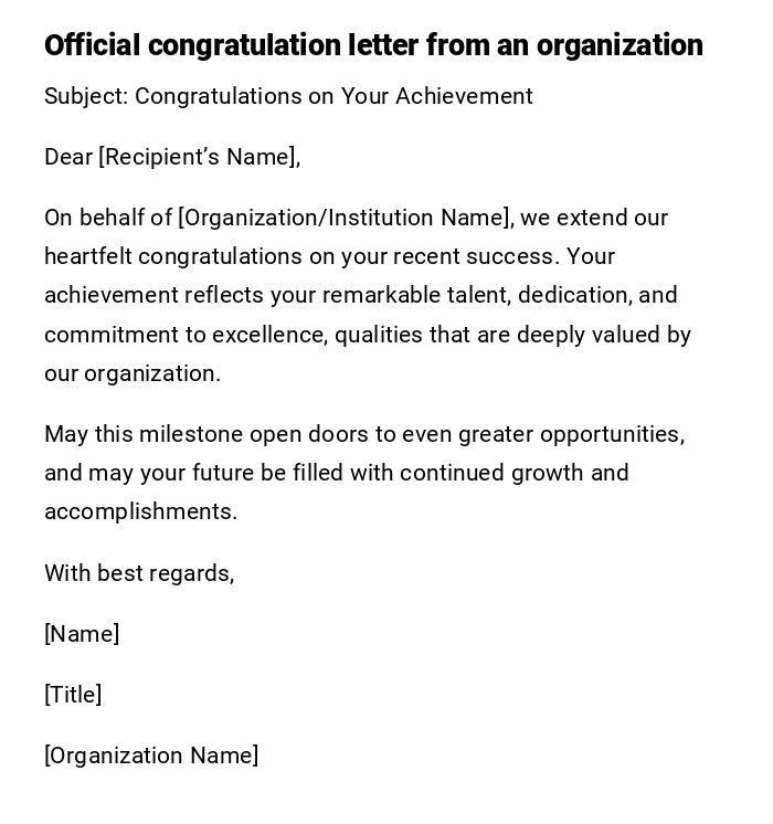 Official congratulation letter from an organization Official congratulation letter from an organization