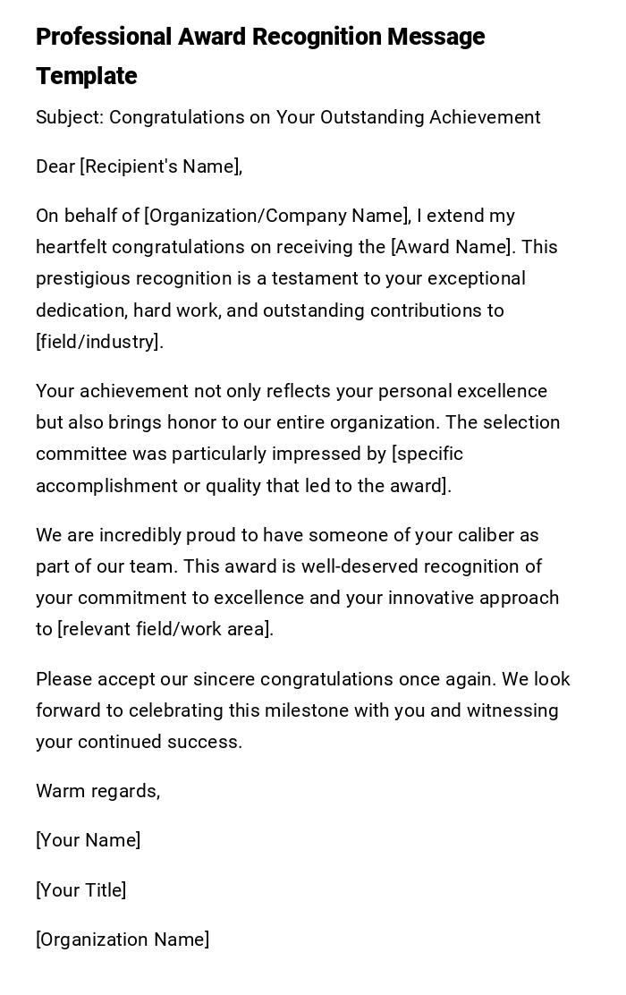 Professional Award Recognition Message Template Professional Award Recognition Message Template