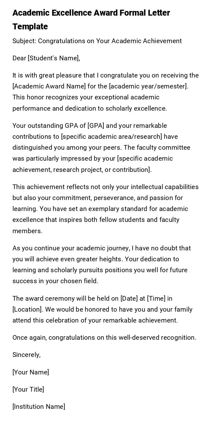 Academic Excellence Award Formal Letter Template Academic Excellence Award Formal Letter Template