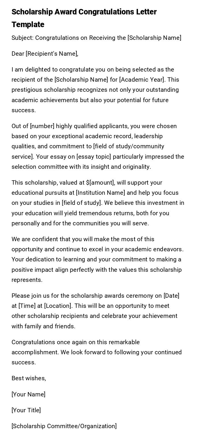 Scholarship Award Congratulations Letter Template Scholarship Award Congratulations Letter Template
