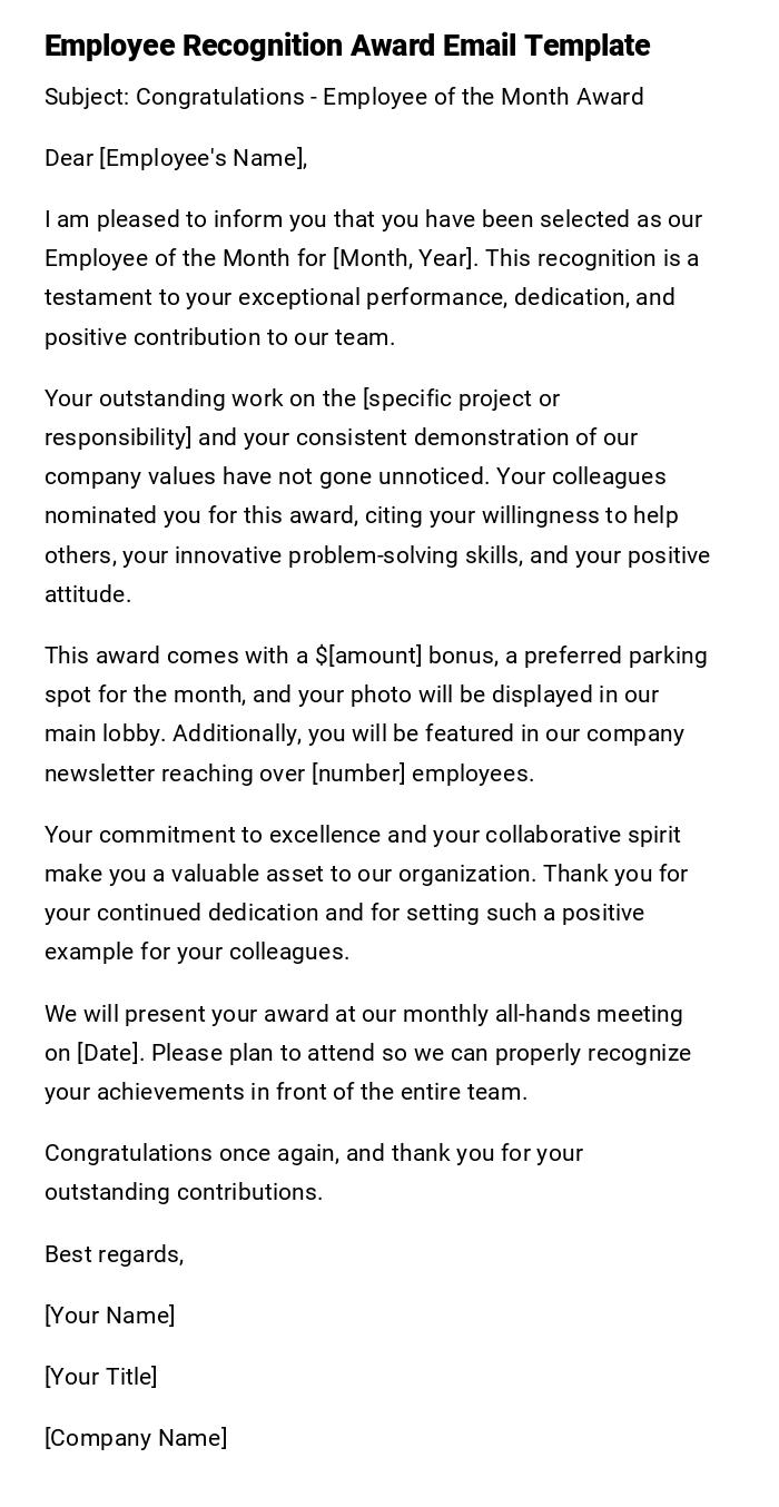 Employee Recognition Award Email Template Employee Recognition Award Email Template