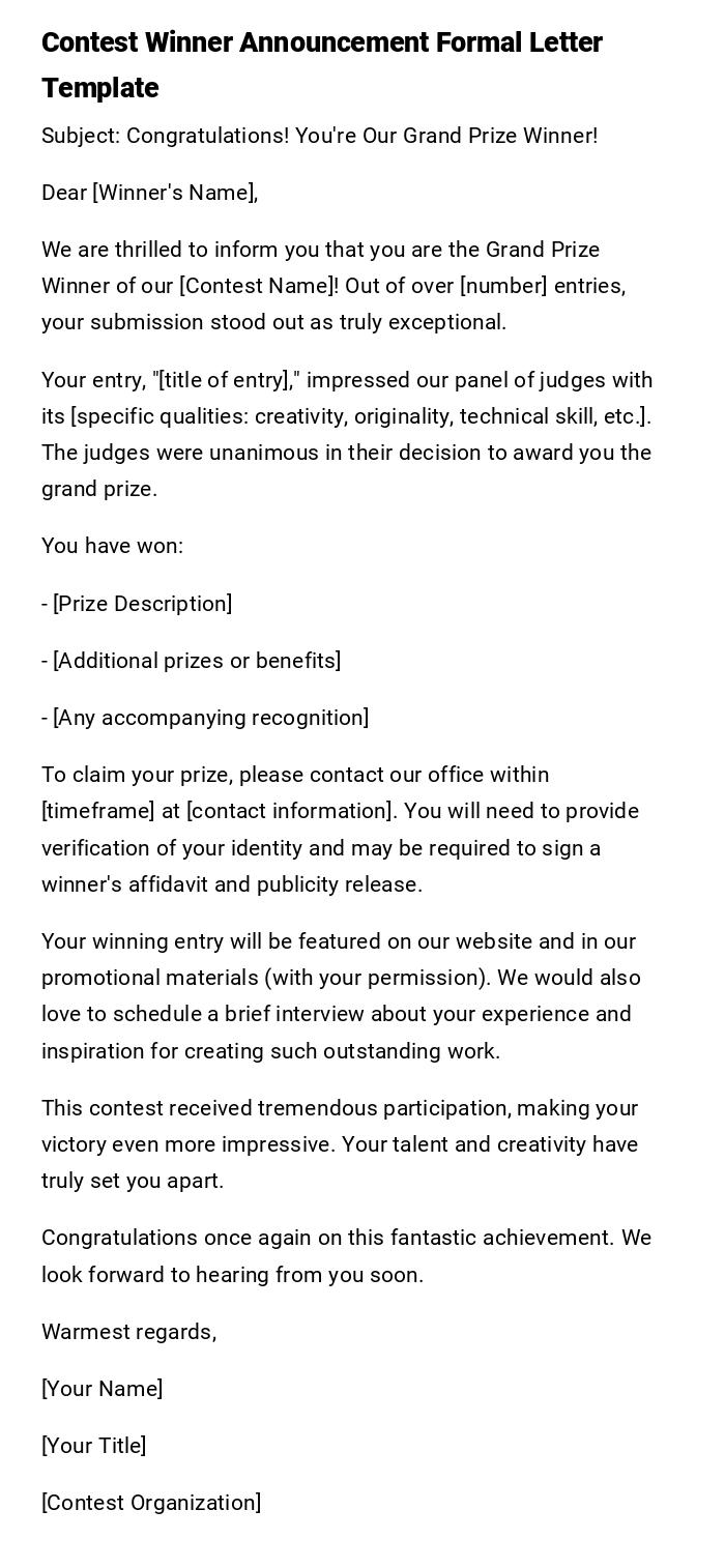 Contest Winner Announcement Formal Letter Template Contest Winner Announcement Formal Letter Template