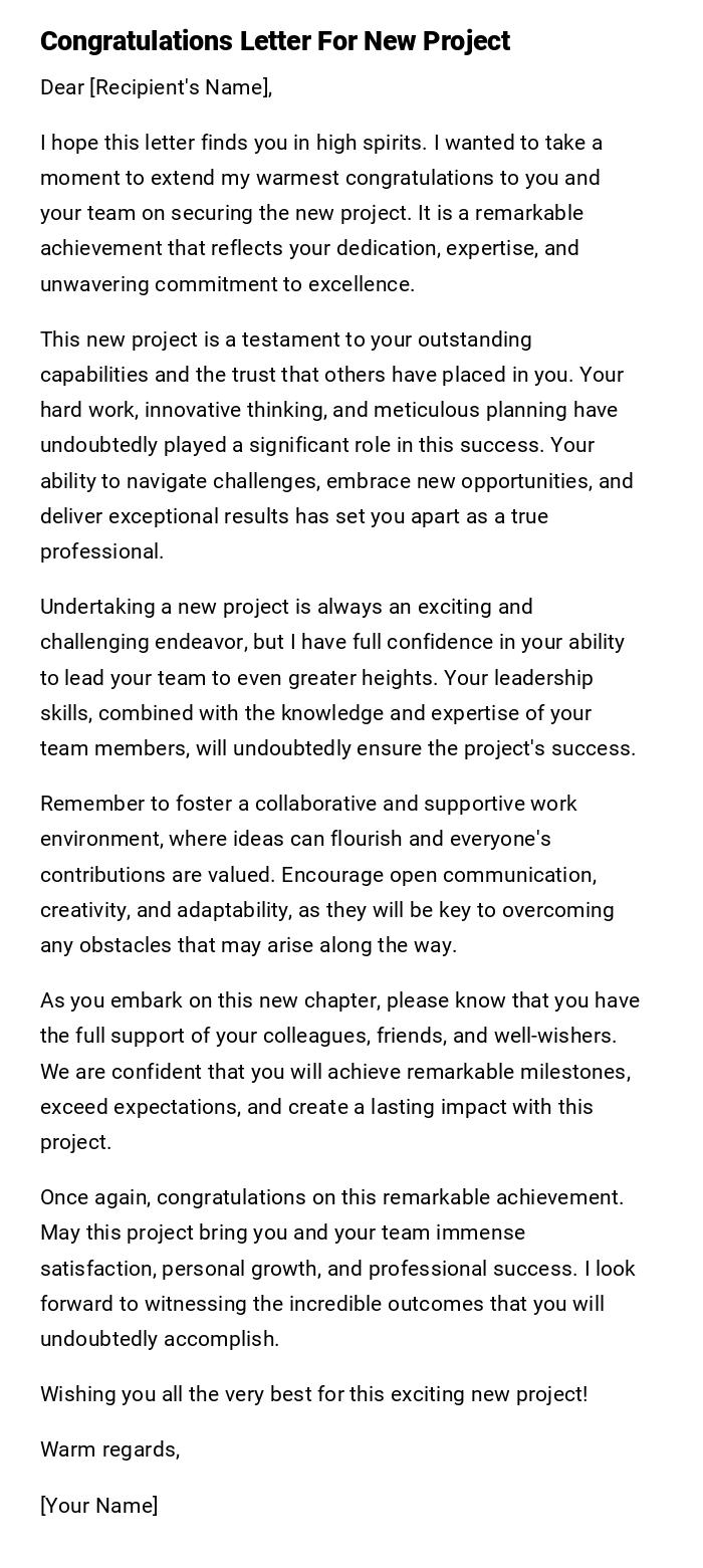 Congratulations Letter For New Project