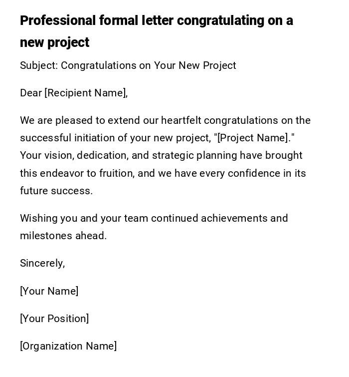 Professional formal letter congratulating on a new project
