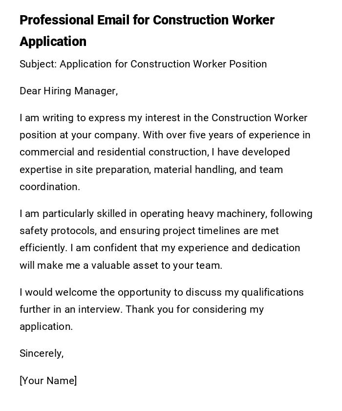 Professional Email for Construction Worker Application
