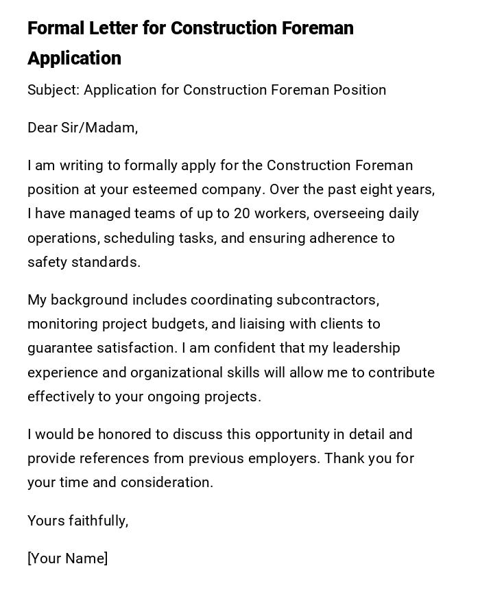 Formal Letter for Construction Foreman Application