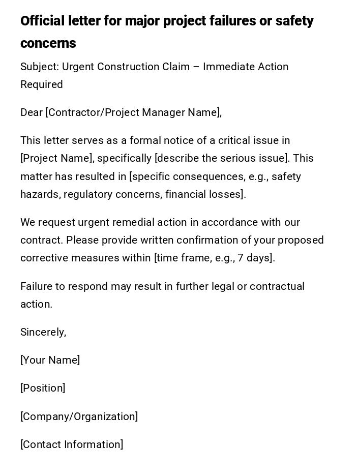 Official letter for major project failures or safety concerns