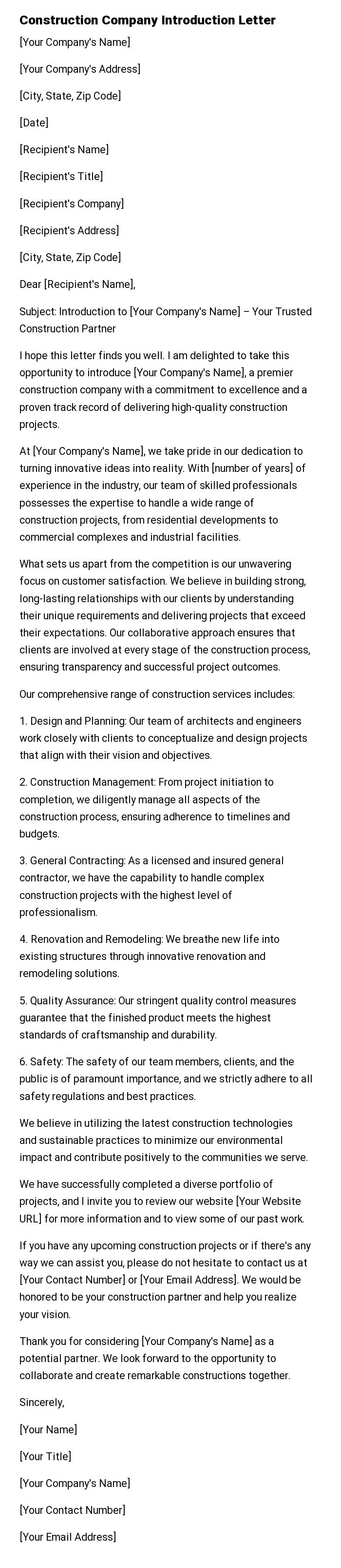 Construction Company Introduction Letter