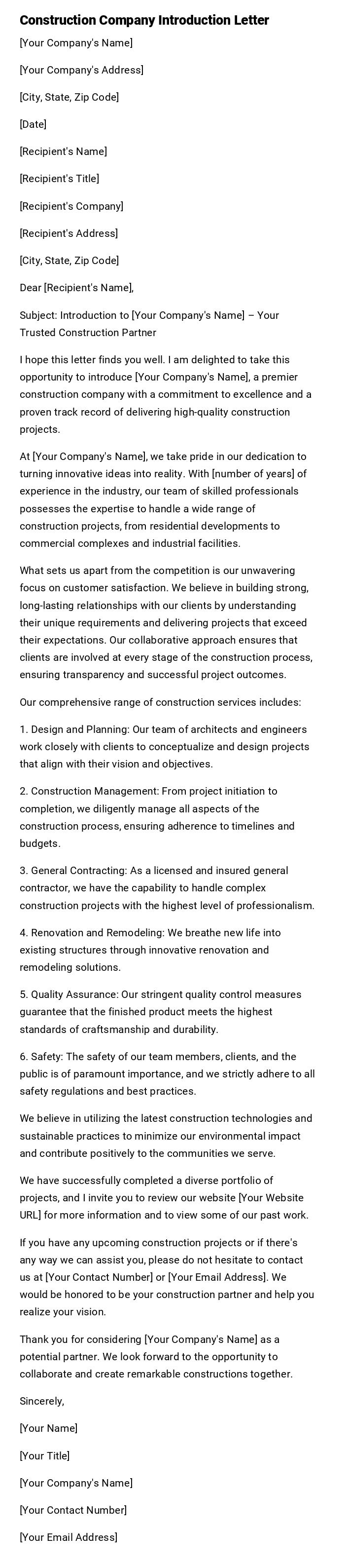 Construction Company Introduction Letter