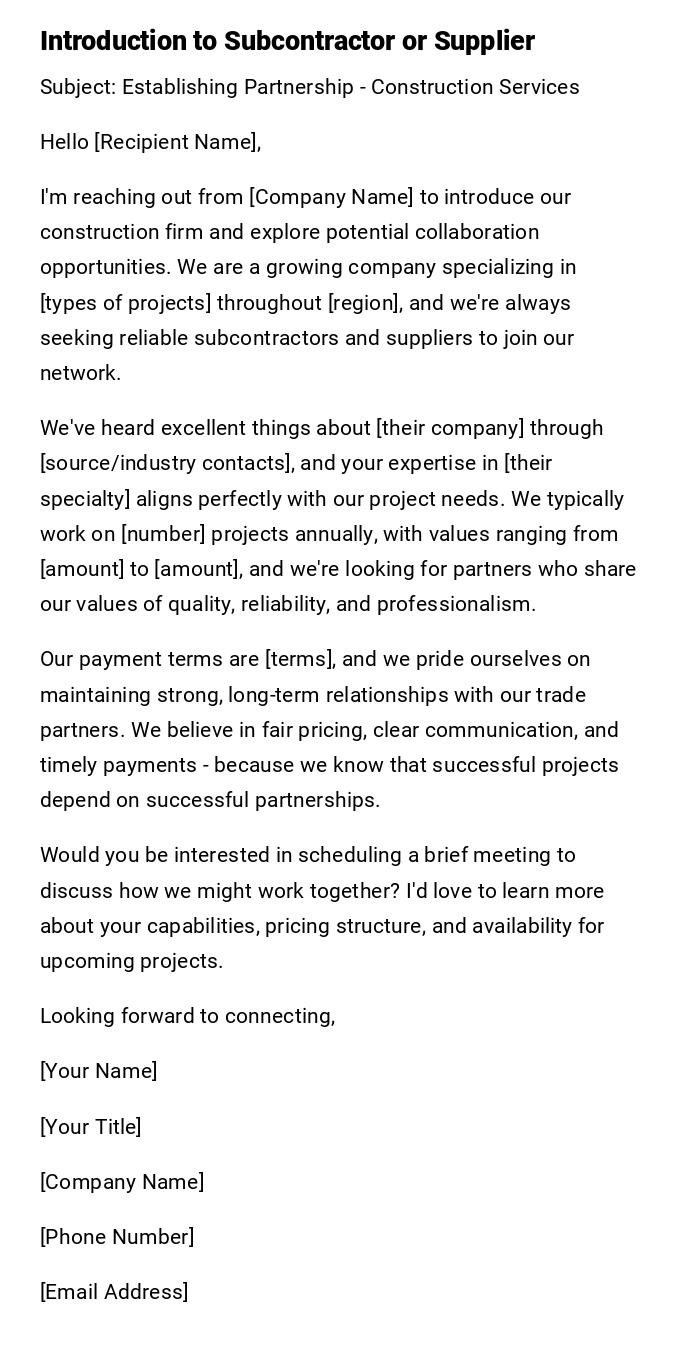 Introduction to Subcontractor or Supplier Introduction to Subcontractor or Supplier