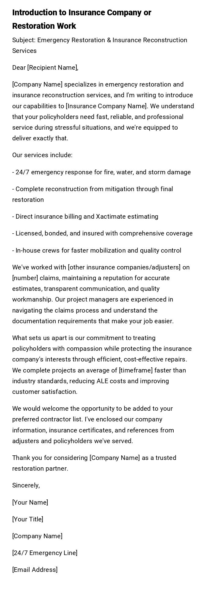 Introduction to Insurance Company or Restoration Work Introduction to Insurance Company or Restoration Work