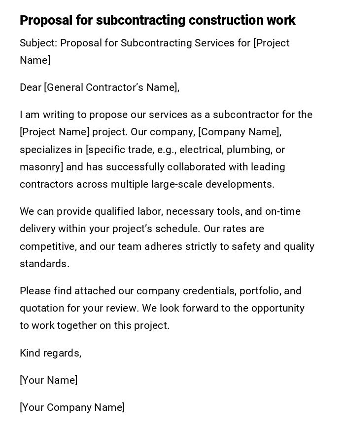 Proposal for subcontracting construction work