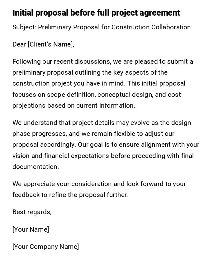 Initial proposal before full project agreement