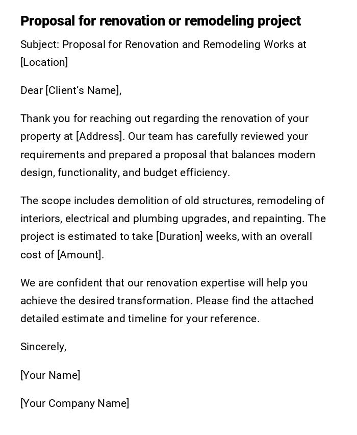 Proposal for renovation or remodeling project