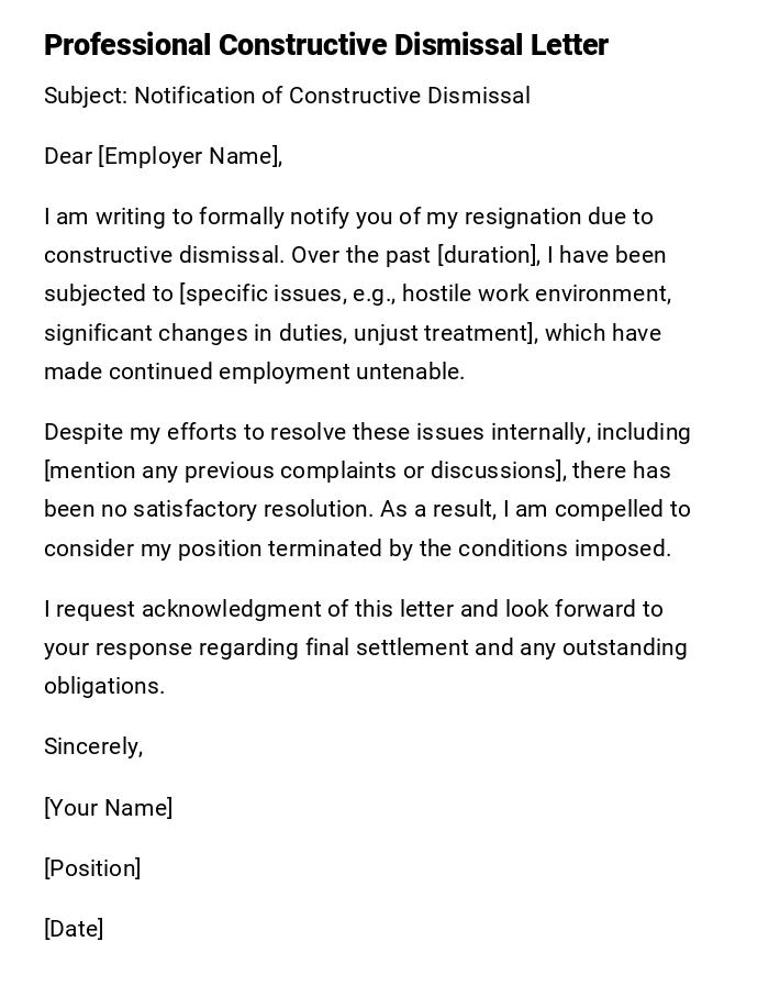 Professional Constructive Dismissal Letter Professional Constructive Dismissal Letter