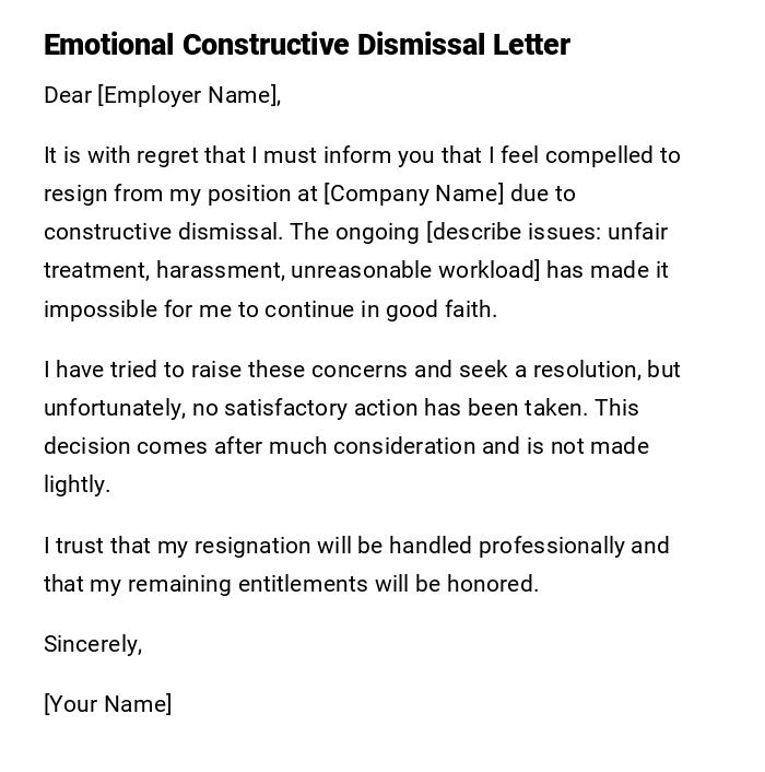 Emotional Constructive Dismissal Letter Emotional Constructive Dismissal Letter