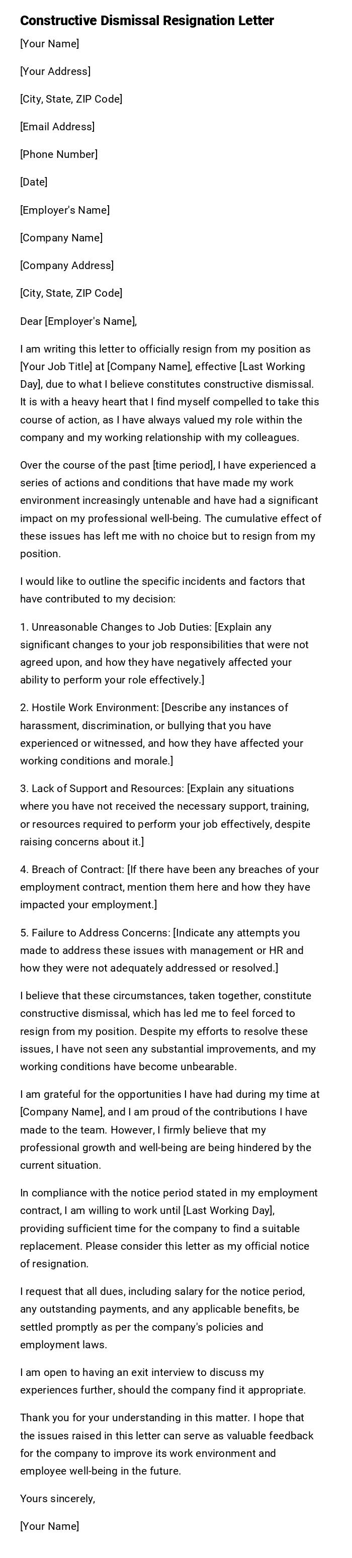 Constructive Dismissal Resignation Letter