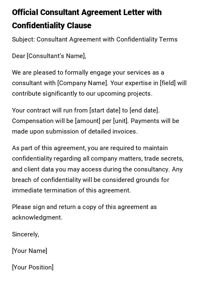 Official Consultant Agreement Letter with Confidentiality Clause