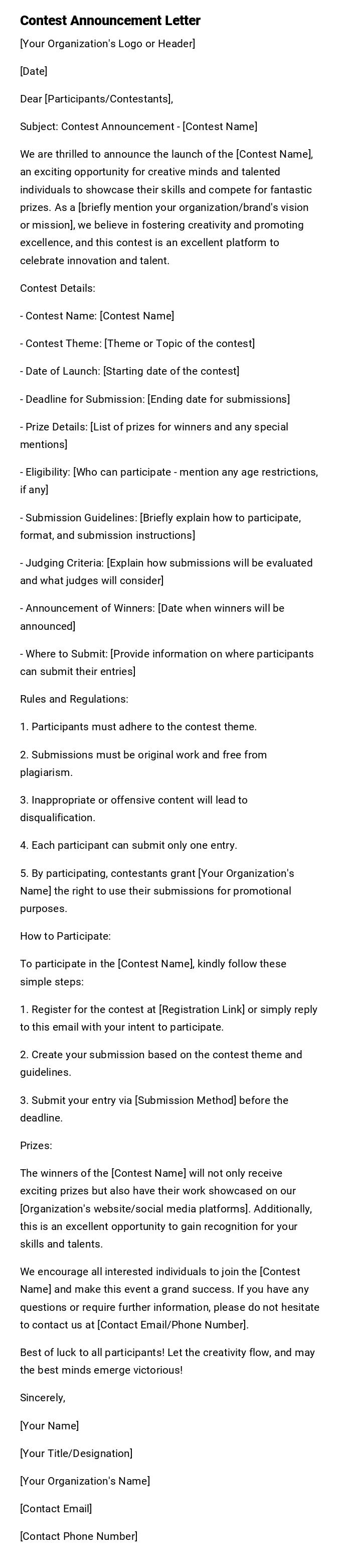 Contest Announcement Letter