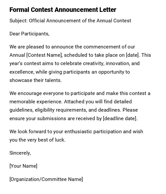 Formal Contest Announcement Letter Formal Contest Announcement Letter