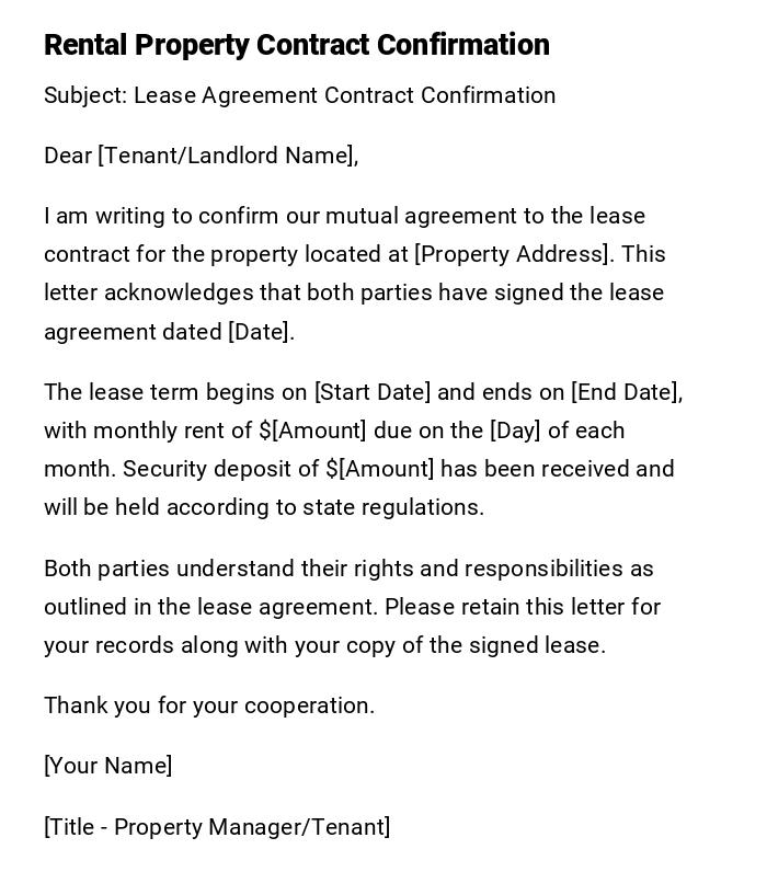 Rental Property Contract Confirmation Rental Property Contract Confirmation