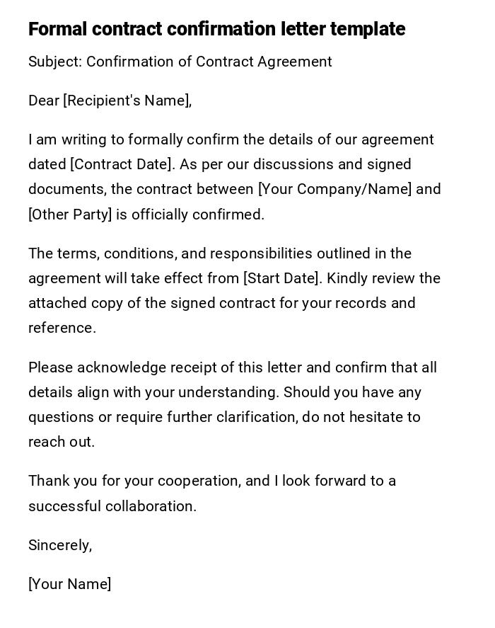 Formal contract confirmation letter template
