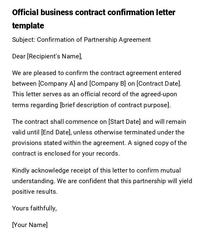 Official business contract confirmation letter template