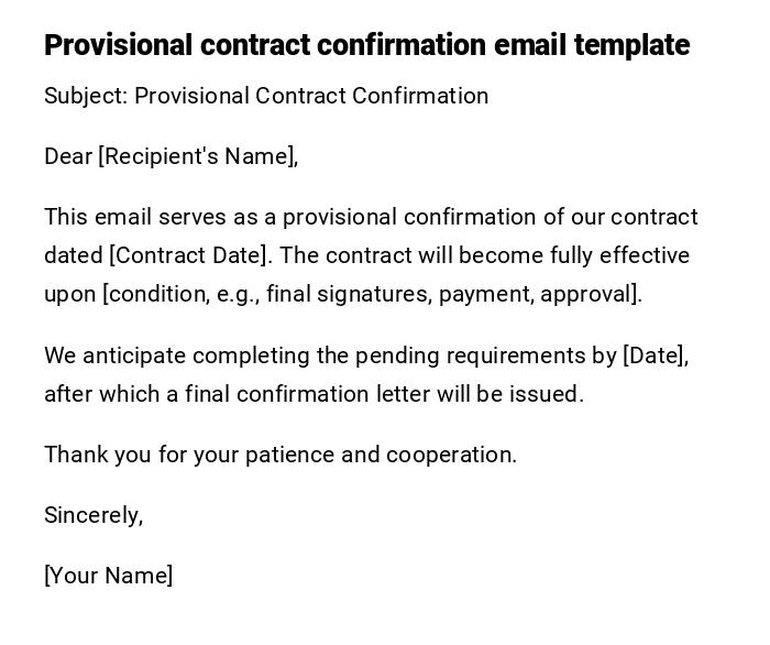 Provisional contract confirmation email template