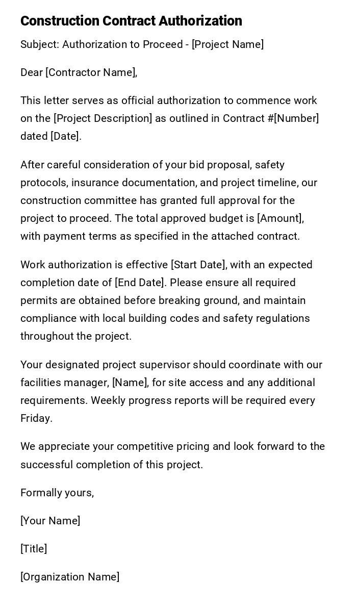 Construction Contract Authorization Construction Contract Authorization