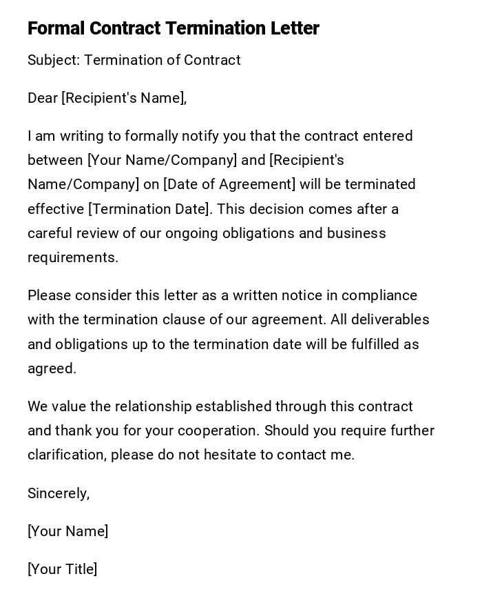 Formal Contract Termination Letter Formal Contract Termination Letter