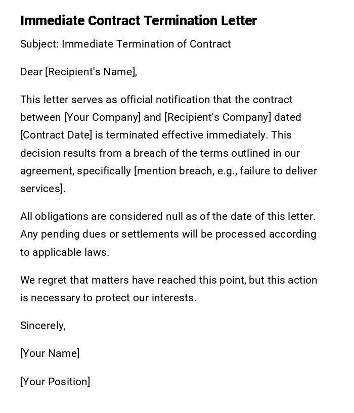 Immediate Contract Termination Letter Immediate Contract Termination Letter