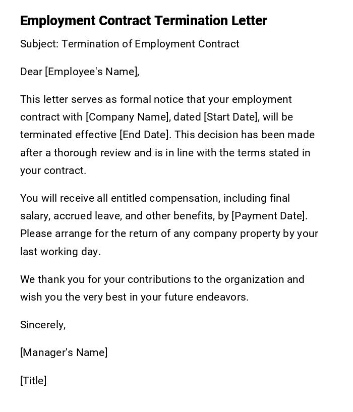 Employment Contract Termination Letter Employment Contract Termination Letter