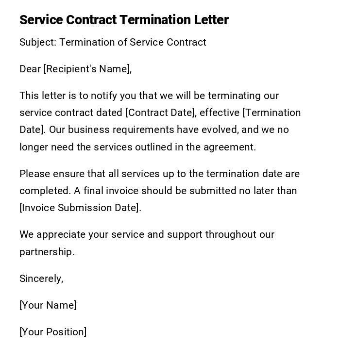 Service Contract Termination Letter Service Contract Termination Letter