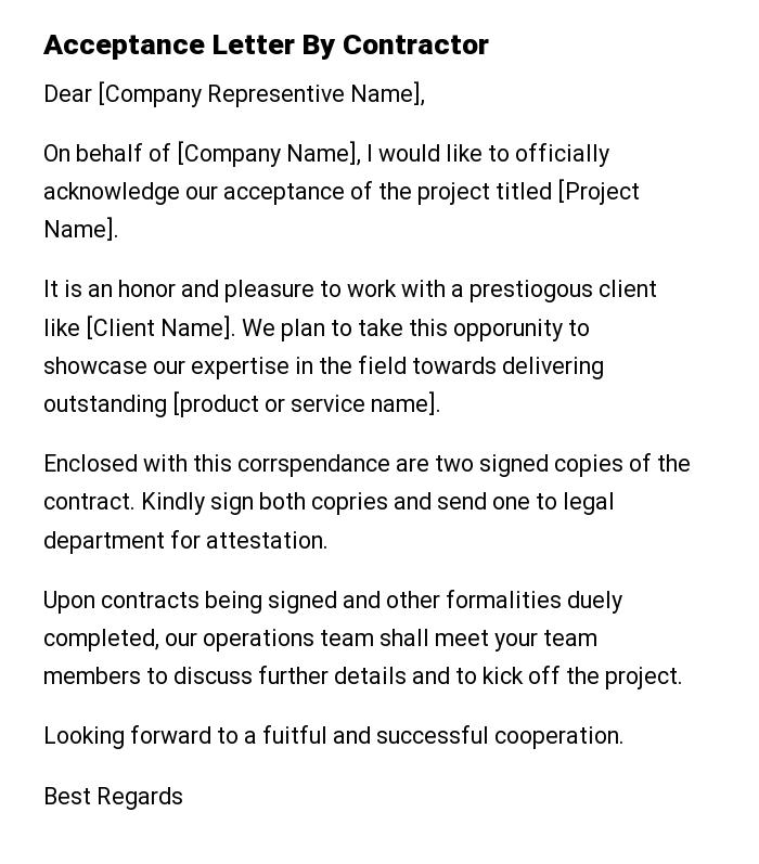 Acceptance Letter By Contractor