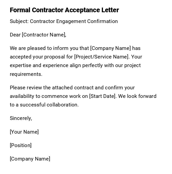 Formal Contractor Acceptance Letter Formal Contractor Acceptance Letter