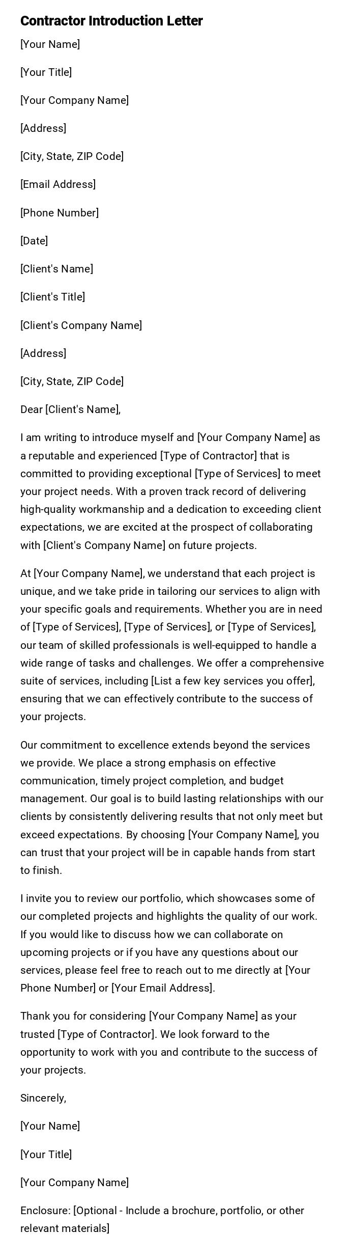 Contractor Introduction Letter