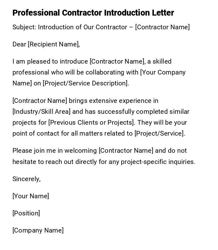 Professional Contractor Introduction Letter Professional Contractor Introduction Letter