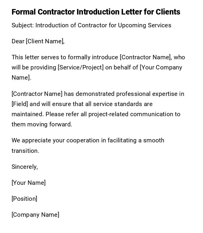 Formal Contractor Introduction Letter for Clients Formal Contractor Introduction Letter for Clients