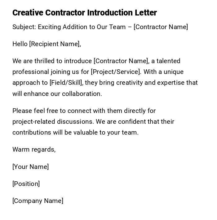 Creative Contractor Introduction Letter Creative Contractor Introduction Letter