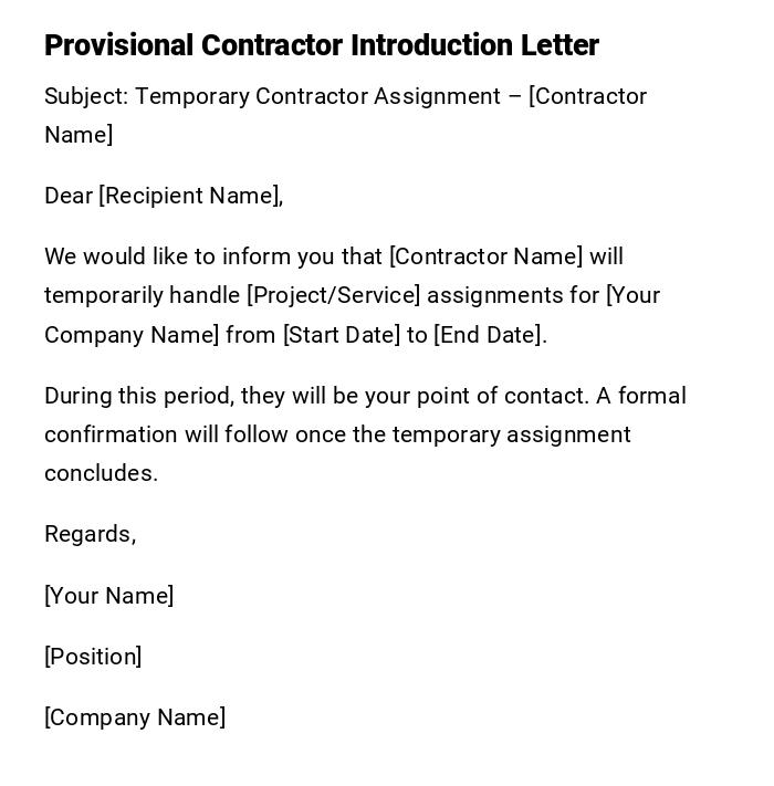 Provisional Contractor Introduction Letter Provisional Contractor Introduction Letter