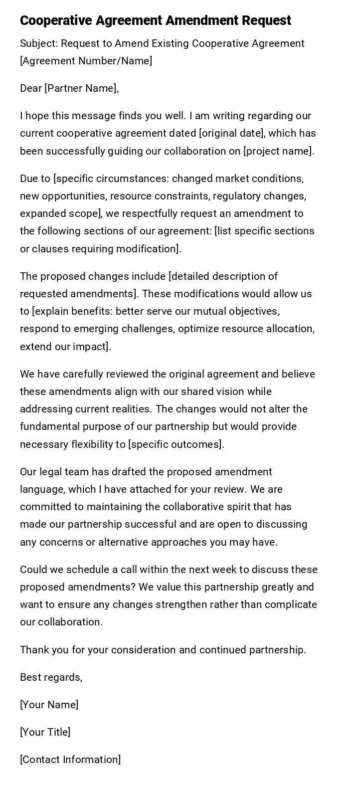 Cooperative Agreement Amendment Request