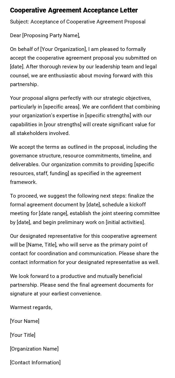 Cooperative Agreement Acceptance Letter