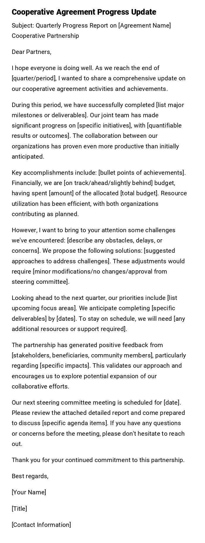 Cooperative Agreement Progress Update