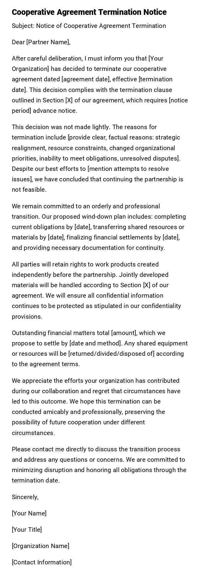 Cooperative Agreement Termination Notice