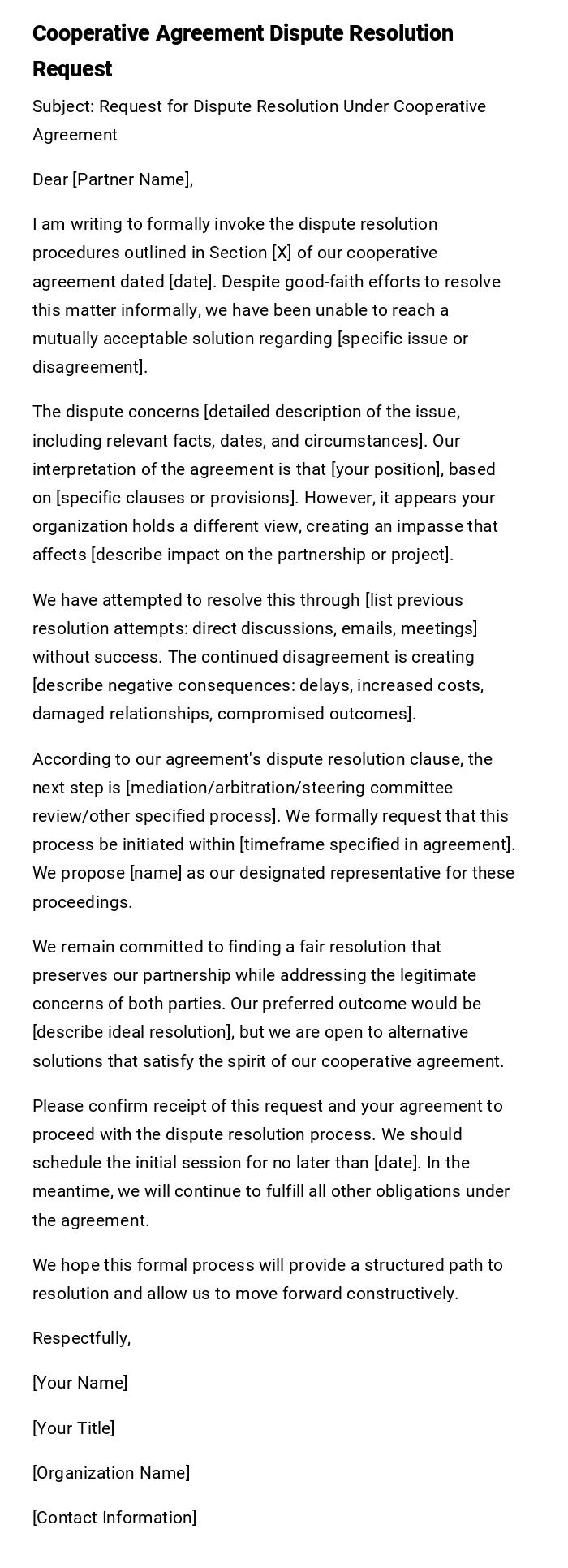 Cooperative Agreement Dispute Resolution Request