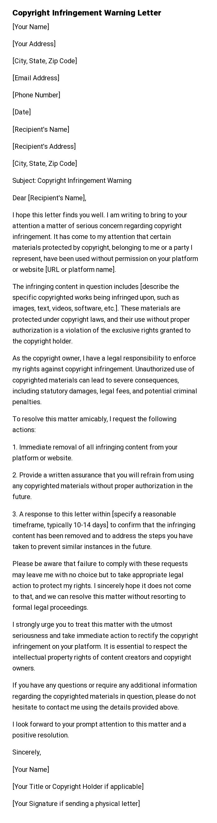 Copyright Infringement Warning Letter